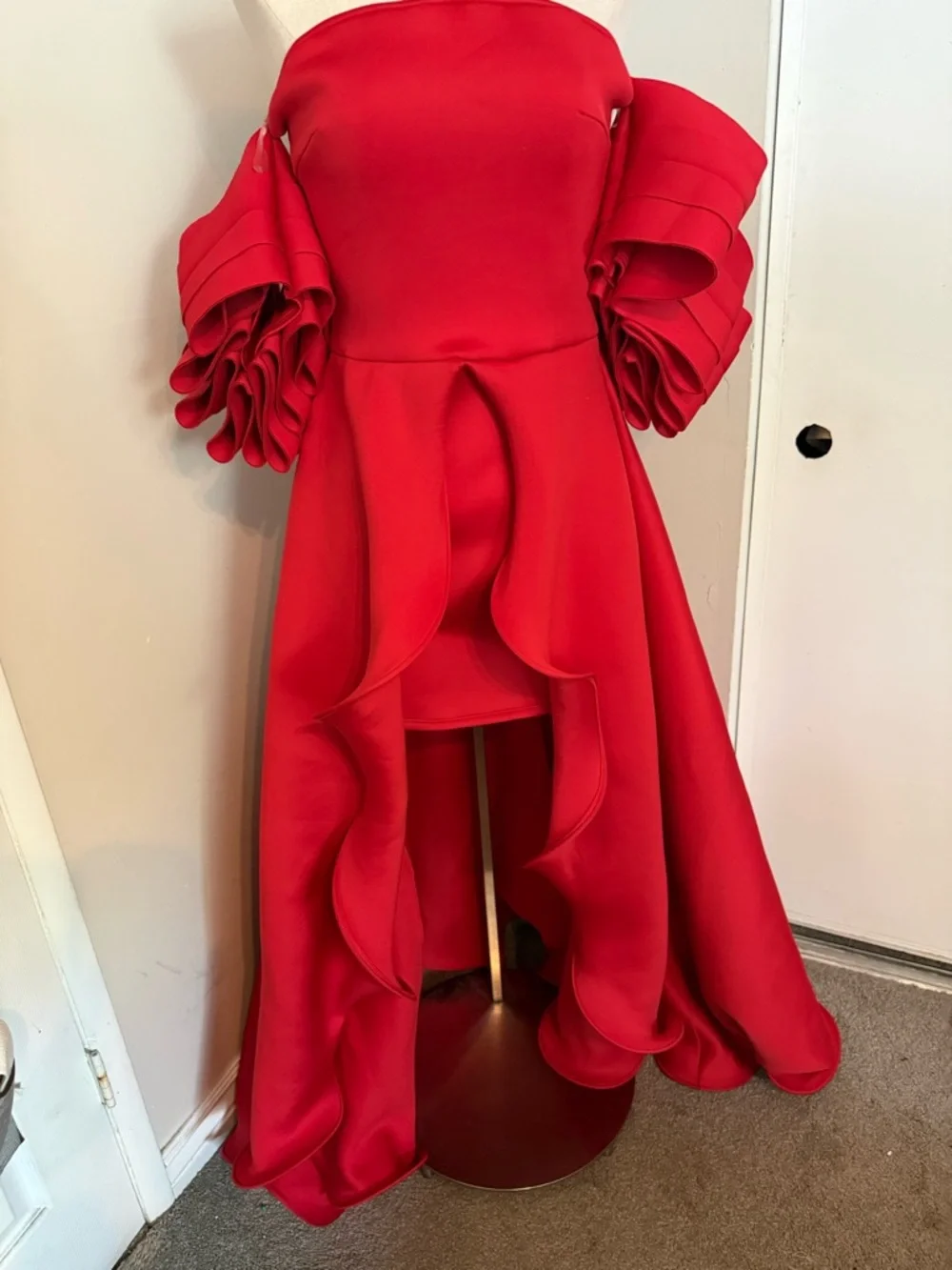 Off-Shoulder Red High-Low Ruffle Formal Dress - Picture 3 of 13